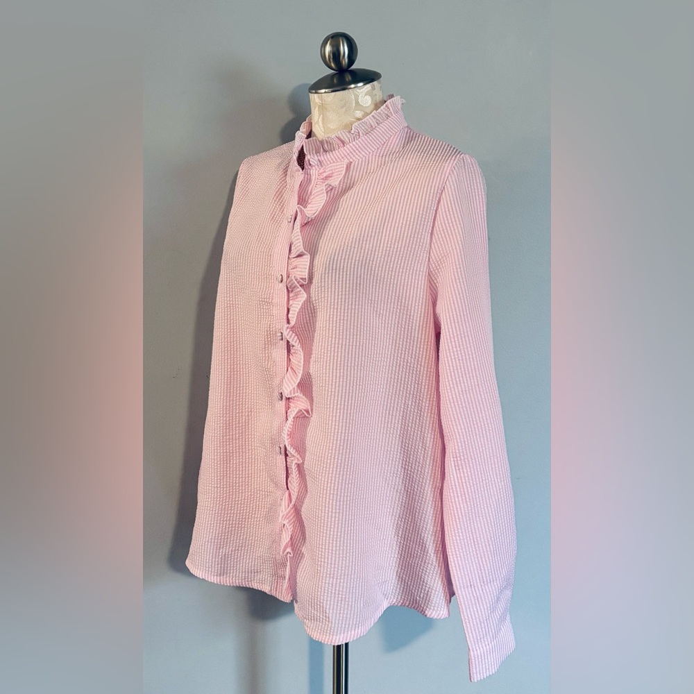 ELINGS blouse,ruffled mock neck button-up style with long sleeves. Sz Large. #47